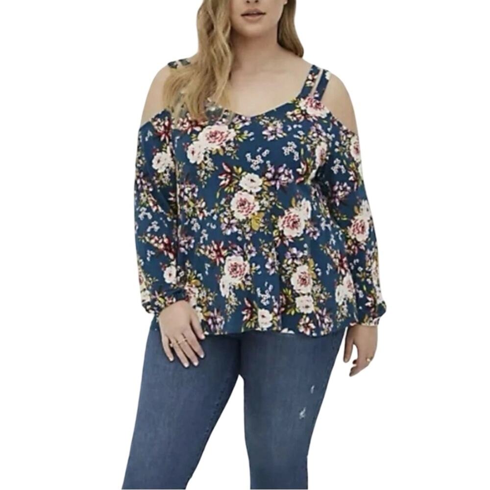 Torrid Floral Cold Shoulder Blouse - Blue and White plus size 4